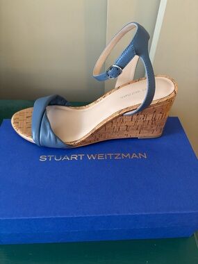 Stuart Weitzman Blue Leather Cork Wedge Sandals NIB size 9